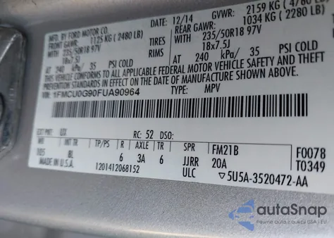 2015 Ford Escape Se из США, поврежденный, VIN 1FMCU0G90FUA90964